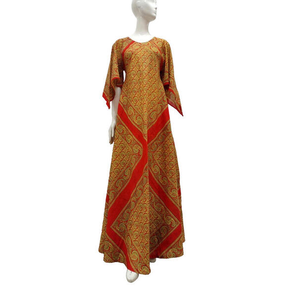 Vintage Bohemian 60s Hippie Maxi Dress Angel Wing Sleeves Cotton Indian Bandanas - Picture 1 of 16